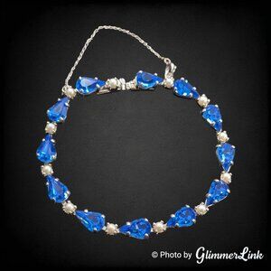 Vintage B David Teardrop Blue Rhinestone Faux Pearl Silver Tone Tennis Bracelet
